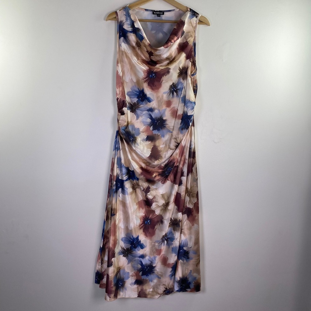 Bebe Midi Dress Womens L Multicolor Floral Cowl Neck Ruched Satin Y2K Romantic